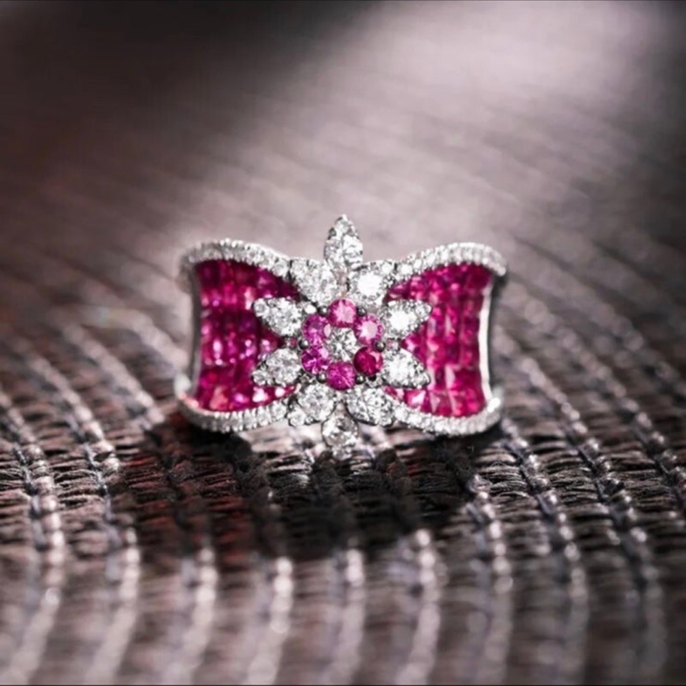 - Adjustable ruby floral ring with swarovski elements